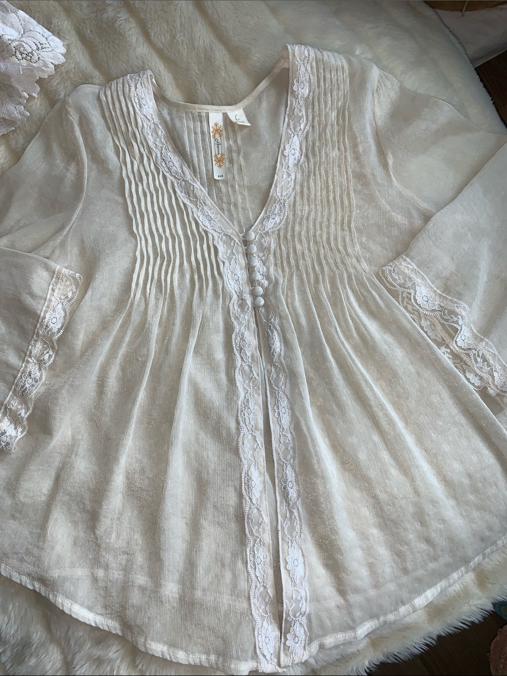 Sheer open front Lacey cardigan jacket blouse babydoll top L